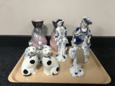 A tray of pair of pink Maling lustre vases,