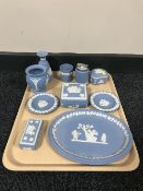 A tray of ten pieces of Wedgwood blue and white jasperware