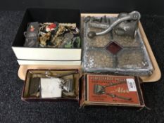 A tray of two stained glass panels, set of vintage Alco hair clippers,