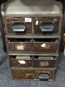 Four x two drawer mid 20th century wooden index chests containing hard ware