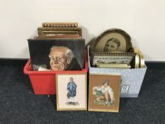 Two boxes of gilt frames, gilt framed photographs, prints, continental school oils,