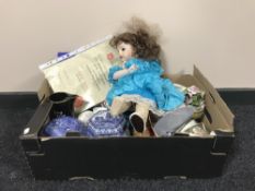 A box of Maling ginger jars, Maling plates, collectors doll with certificate,