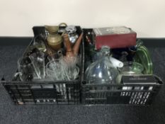 Three crates of assorted glass ware, brass jug, demi jon,