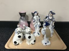 A tray of pair of pink Maling lustre vases,