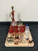 A tray of glassware including deer, duck and cat ornaments,