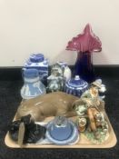 A tray containing decorative glass vase, blue and white Wedgwood jasperware, Ringtons caddies,
