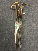A good collection of walking sticks and parasols - some with silver mounts