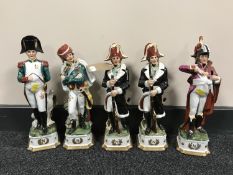 Five china figurines of Napoleonic soldiers