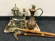 A tray of brass candlesticks, copper jug, brass lantern table lamp,