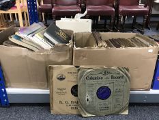 Two boxes of a collection of 78's and a box of books relating to music