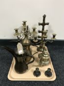 A tray of brass candelabra,