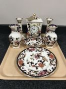 A tray of eight pieces of Masons Mandalay pattern china including candlesticks, carriage clock,