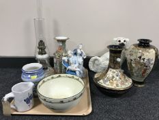 A tray of continental figures, Chinese famille rose vase, Ridgeway Old England ware bowl, oil lamps,