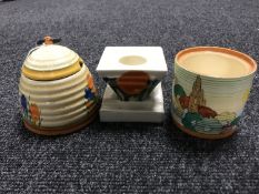 A Clarice Cliff Bizarre inkwell, shape number 457 (lacking lid),