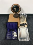 A vintage leather case, plated tureen, fish cutlery, plated spoons, Scarab beetle boot remover,