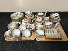 Two trays of two Japanese egg shell tea services, cased Singapore teaspoons,