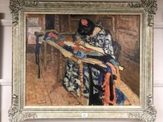 An Artagraph reproduction : Japanese lady at work, framed.