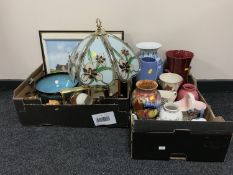 Two boxes of pictures, vases, mantel clocks,