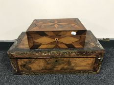 A Victorian inlaid walnut writing box and a Victorian mixed wood jewellery casket