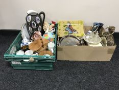 Two boxes of assorted plated ware, contemporary clocks, commemorative china,