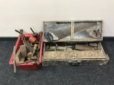 A pine joiner's tools box and tools, crate of hand tools,