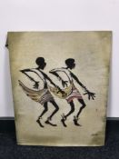 A Jack Absalom (Australian) unframed painting depicting two Aboriginal figures dancing