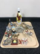 A tray containing glass figure of a huntsman on horse with fox and hounds, glass fish ornament,