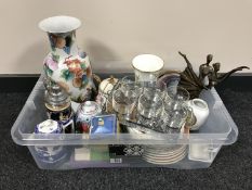 A box of six Duralex glasses on trays, tea plates, Wedgwood vase, Ringtons china etc.