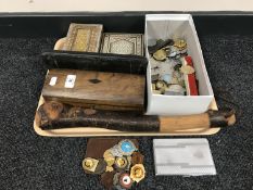 A tray containing a box of assorted sports medals, lighters, boxed Swan pen, inlaid table caskets,