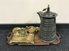 A heavily carved twin handled tray and a antique pewter jug, brass desk stand,