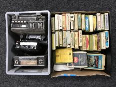 A box of four vintage car radio 8 track players and 36 x 8 track cartridges