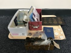 A tray of a collection of assorted coins including pre decimal one penny pieces,