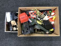A box of plastic rolling stock, track and transformer, Action Man toy,