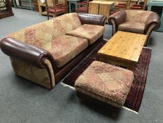 A Barker and Stonehouse leather and cloth upholstered four seater settee and matching armchair and