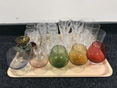 A tray of assorted glass ware, glass rabbit paperweight,