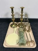 A tray containing a miniature onyx longcase clock, two sword letter openers, miniature metal easel,