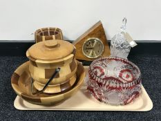 A tray of walnut Quartz mantel clock, treen fruit bowl and lidded barrel,