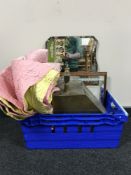 A box of Durham quilt, copper coal receiver,