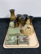 A tray of antique pottery decanter with Freemasons decoration,