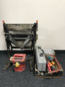 A Work Mate and a box of 110 volt drill, saws,