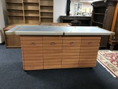 A granite topped four door office work station