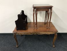 A contemporary mahogany coffee table on cabriole legs together with a nest of two tables and a