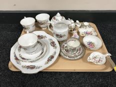 A tray containing eight pieces of Queens Rosina pattern tea china, Royal Doulton Indian Tree trio,