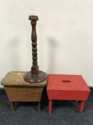 A painted pine cracket together with a small pine storage stool and a hat stand