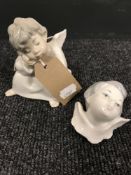 A Lladro figure of a seated cherub together with a Lladro cherub's head