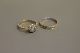 A white gold diamond half eternity ring and an 18ct gold diamond and opal cluster ring
