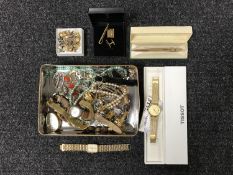 A box of costume jewellery, a boxed rolled gold pen, Tisso wrist watch,