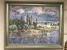 An Artagraph reproduction : Impressionist figures on a river, framed.