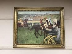 An Artagraph reproduction : Jockeys on horse back, framed.