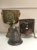 A late Victorian copper coal bucket, together with a copper flagon and a brass jardiniere.